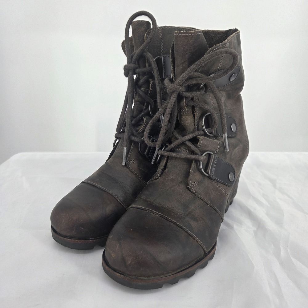 Sorel Joan of Arctic Boots Women's 6.0 Brown Leather Lace Up Bootie Hidden Wedge